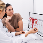 Médica ginecologista explicando para paciente mulher como funciona o ciclo menstrual e a licença menstrual