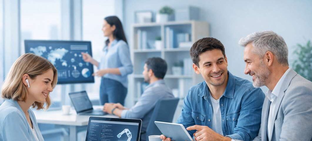 Grupo de pessoas em um ambiente de escritório, discutindo ideias com laptops e tablet, uma apresentação ao fundo.