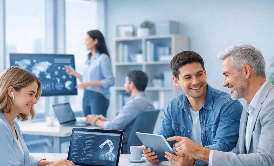Grupo de pessoas em um ambiente de escritório, discutindo ideias com laptops e tablet, uma apresentação ao fundo.