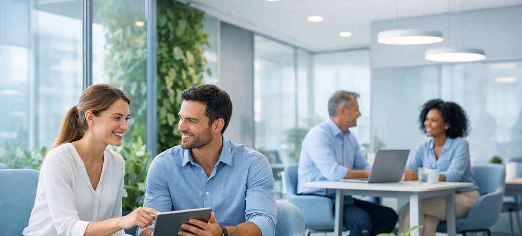 Casal sorridente interagindo em um tablet, enquanto outros profissionais trabalham em um ambiente de escritório moderno.