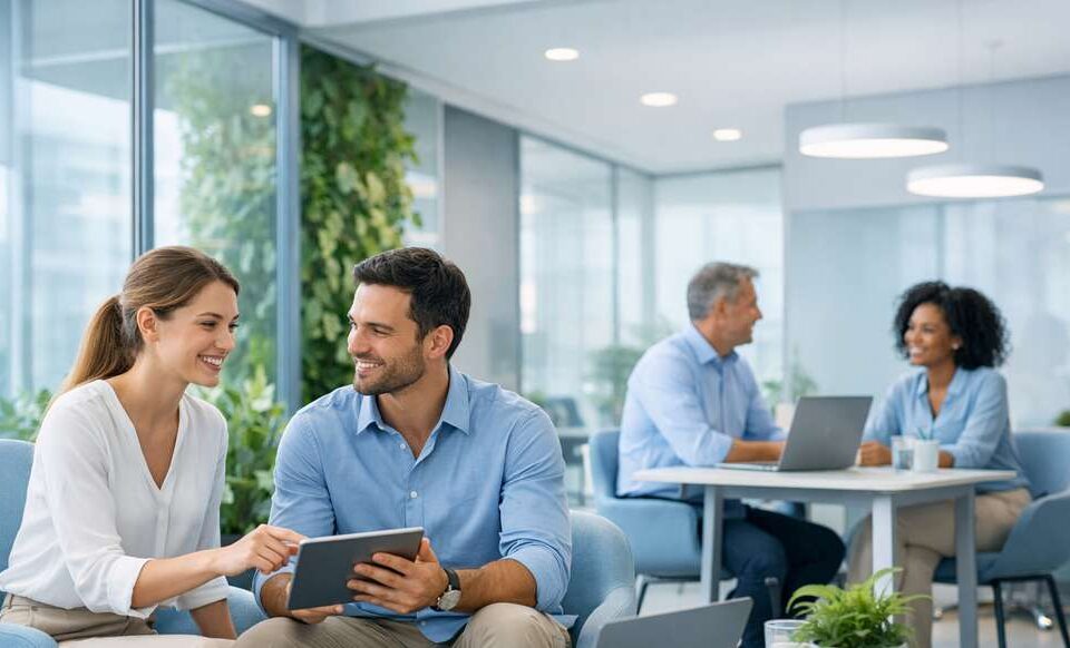 Casal sorridente interagindo em um tablet, enquanto outros profissionais trabalham em um ambiente de escritório moderno.