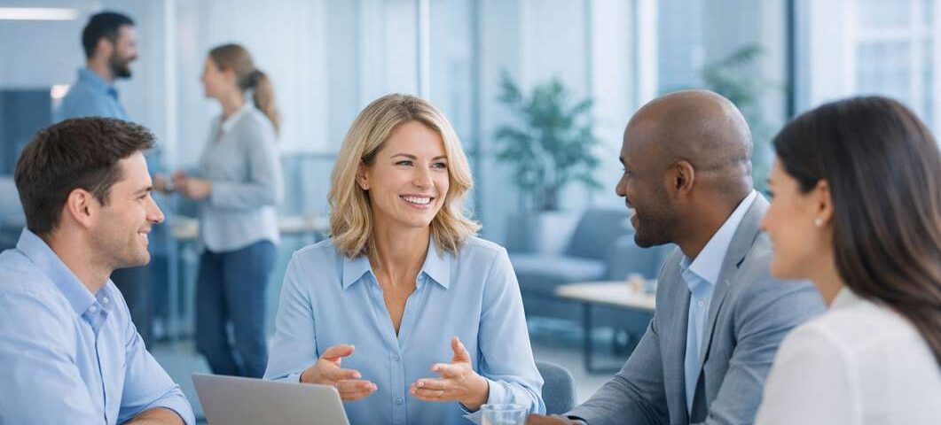 Quatro pessoas conversam em sala moderna, sorrindo, com foco em um diálogo colaborativo. Há um laptop na mesa.