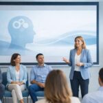 Apresentadora explica conceito em sala com pessoas atentas, projeção de fundo mostra silhueta de cabeça e engrenagens.