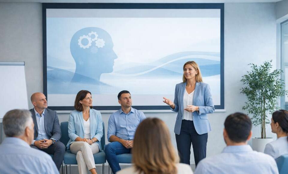 Apresentadora explica conceito em sala com pessoas atentas, projeção de fundo mostra silhueta de cabeça e engrenagens.